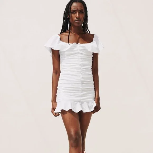 ZARA WHITE LINEN BLEND DRAPED DRESS WITH RUFFLES - Picture 2 of 10